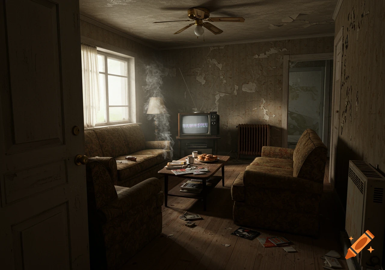 A gloomy, timeworn apartment living room with peeling wallpaper, worn couches, a vintage television, and a dusty coffee table.