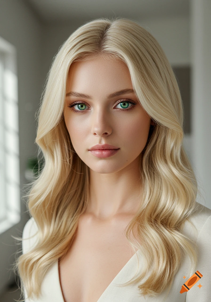 Photorealistic portrait of a blonde woman with bright green eyes, wearing a light top.
