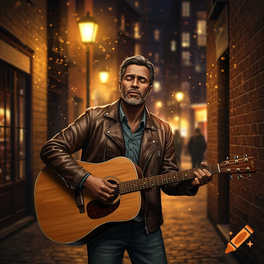 A man with a beard and brown leather jacket plays an acoustic guitar in a dimly lit city alley at night, lit by glowing street lamps.