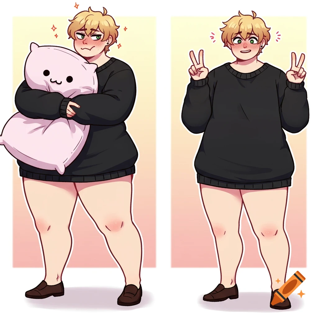 Two-panel anime cartoon of an androgynous character in a black sweater; first panel hugging a pink pillow, second posing with peace signs.