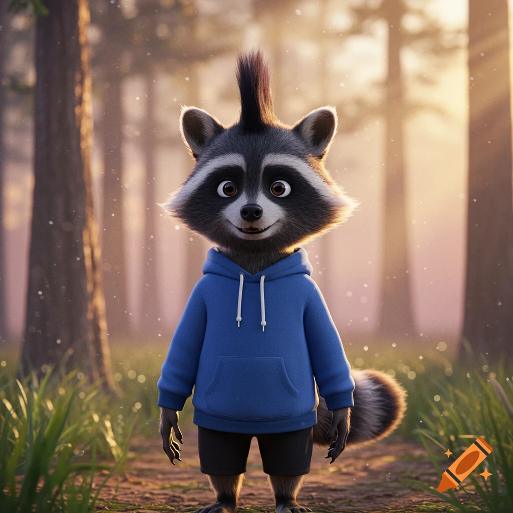 A cartoon raccoon with a black mohawk, blue hoodie, and black shorts stands in a forest at sunset.