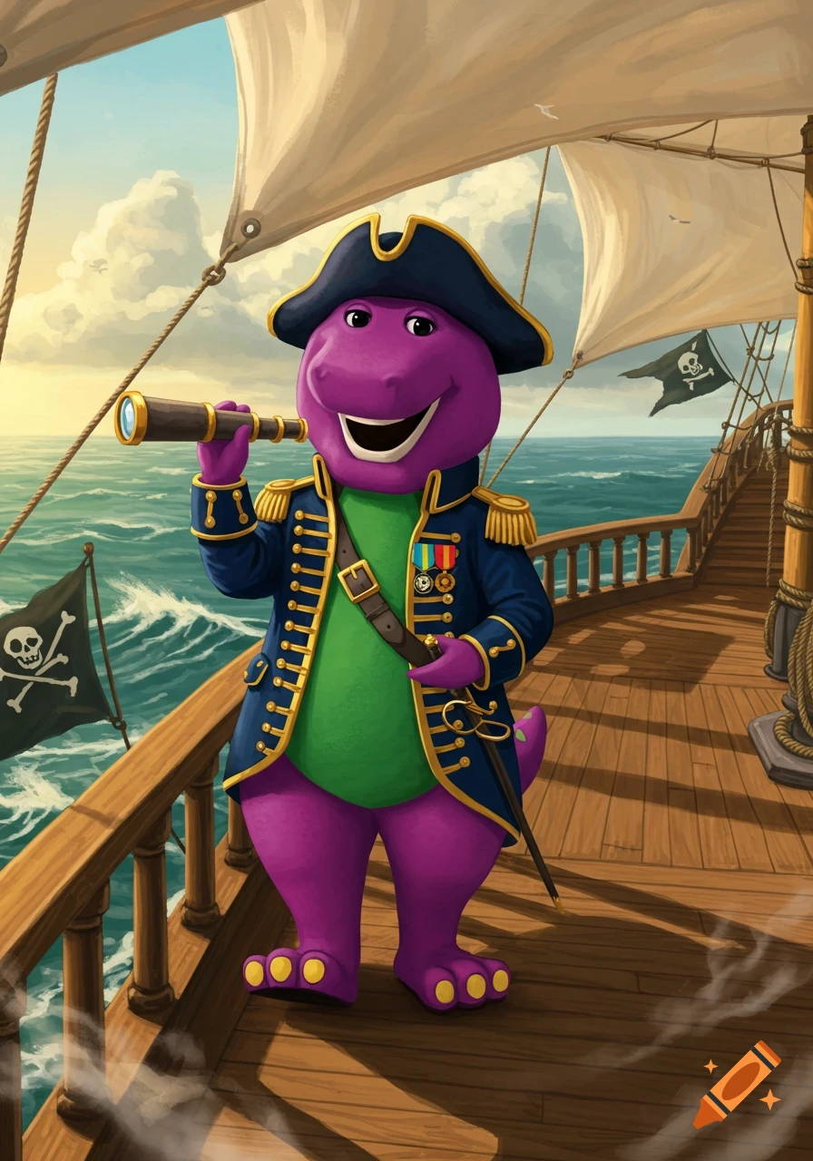 Illustrated cartoon of Barney the dinosaur dressed as a naval officer on a ship, looking through a telescope.
