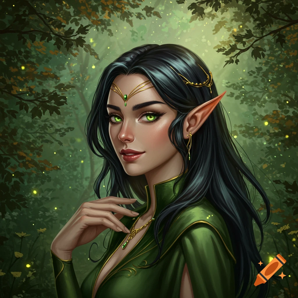 Digital painting of an elf woman with dark hair, green eyes, and pointy ears in a magical forest.