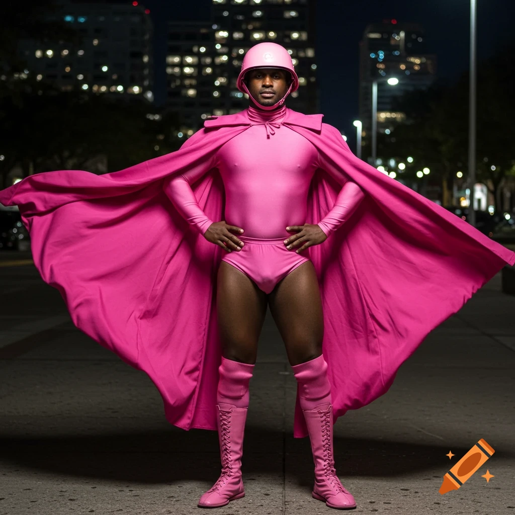 A man in a vibrant pink superhero bodysuit, cape, helmet, and boots stands outside at night against an urban background.