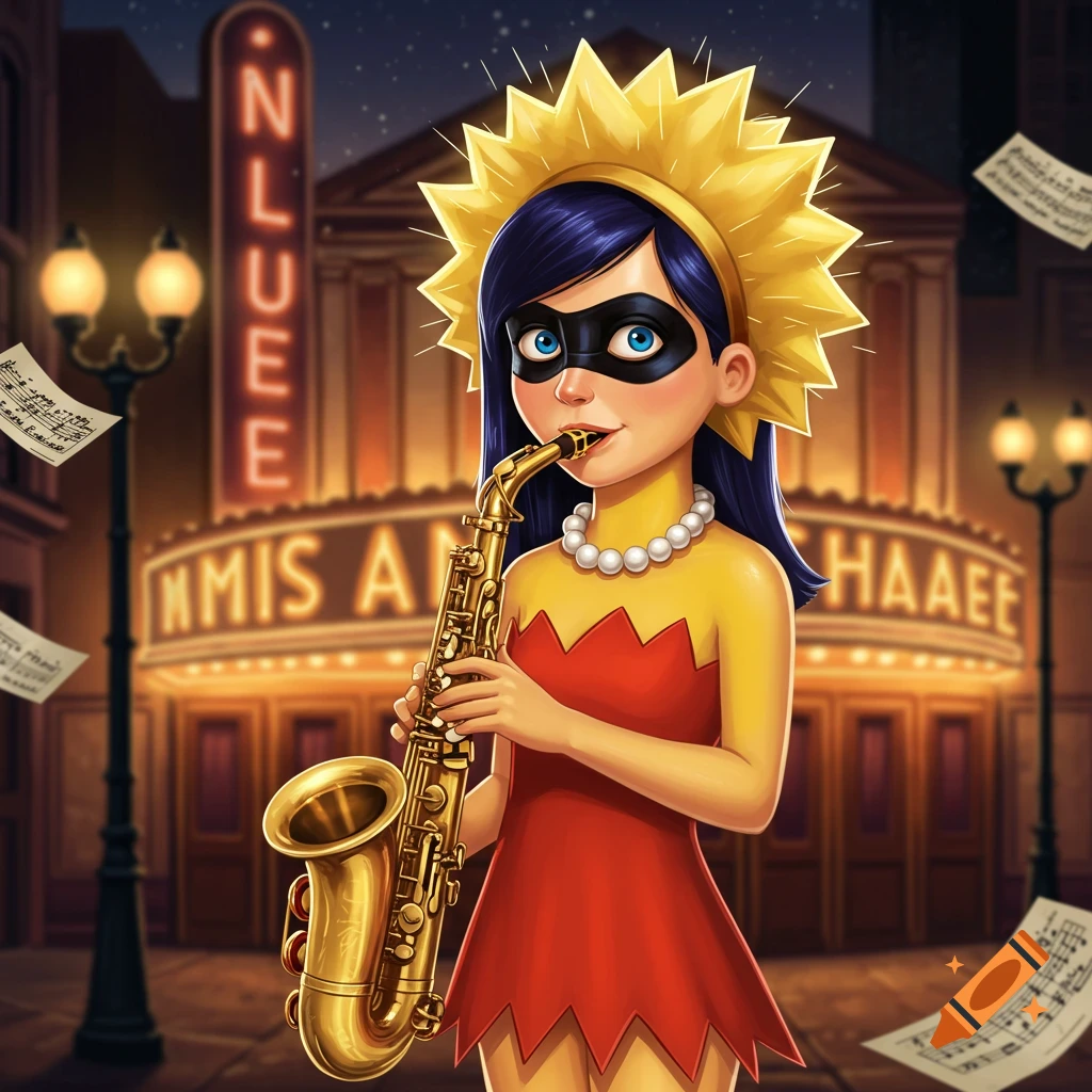 A cartoon character with dark hair and a black mask, wearing a yellow top and red dress, with a spiky gold headpiece resembling Lisa Simpson's hair, plays a saxophone in front of a neon-lit theater at night. Music sheets float in the air.