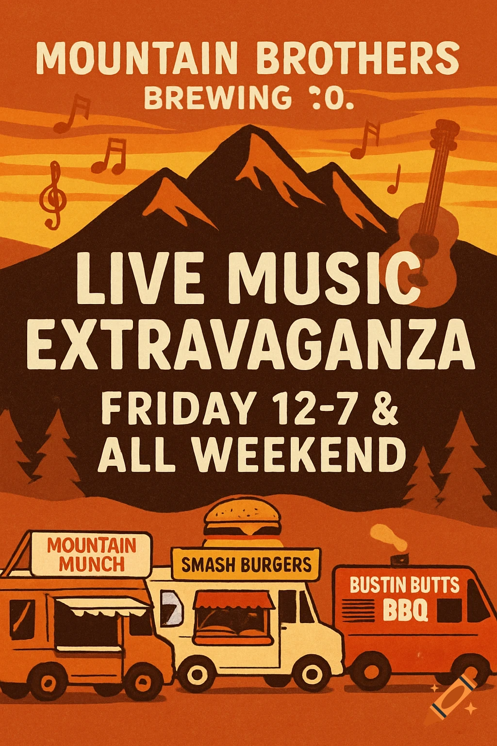 A retro-style poster for a Mountain Brothers Brewing Co. live music event with mountains, musical notes, a guitar, and three food trucks.