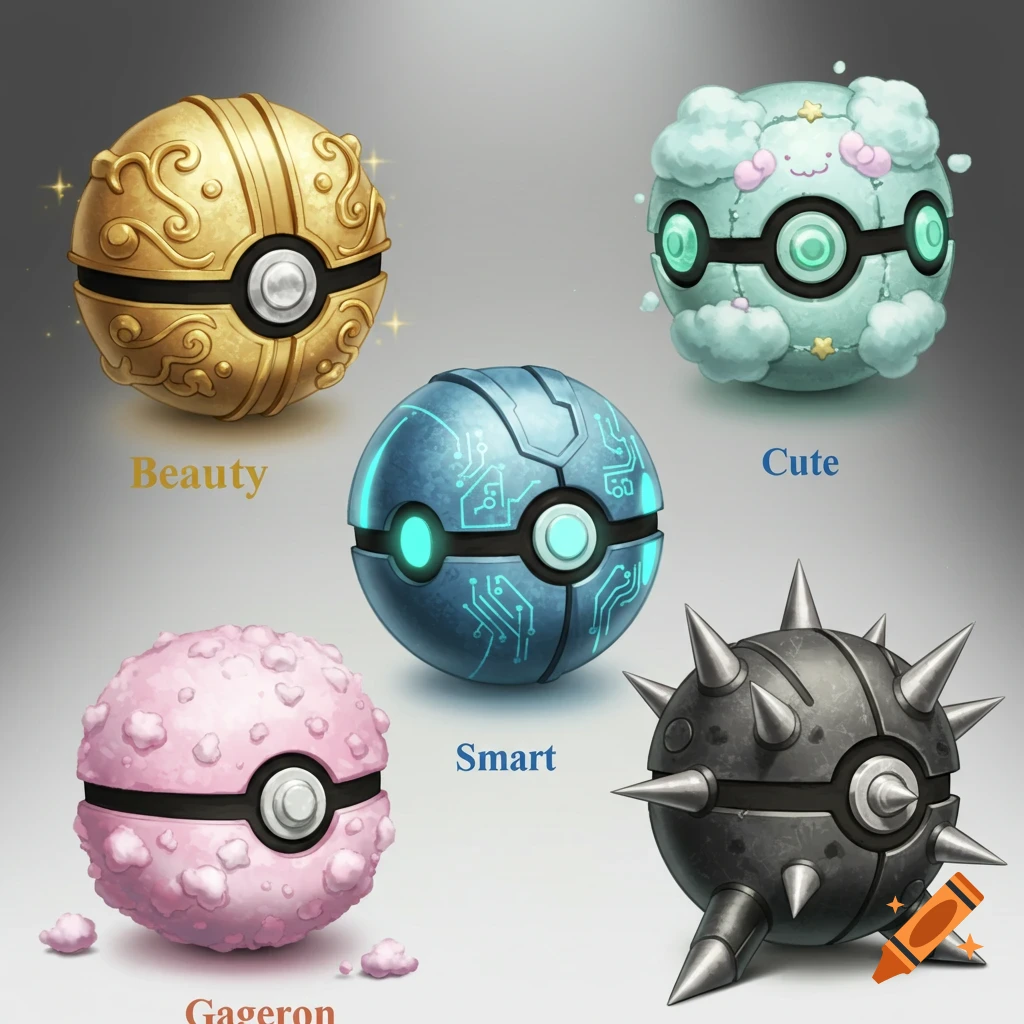Five stylized Pokeballs with different designs: golden ornate, blue circuit board, light blue with clouds and stars, pink textured, and dark grey spiked.