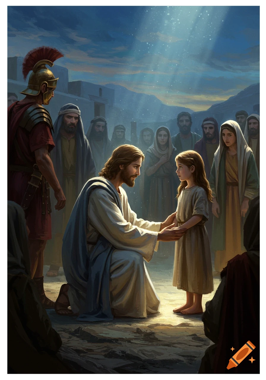 Digital painting of Jesus kneeling and holding a young girl's hands, surrounded by a crowd and a Roman soldier under a starry, moonlit sky.