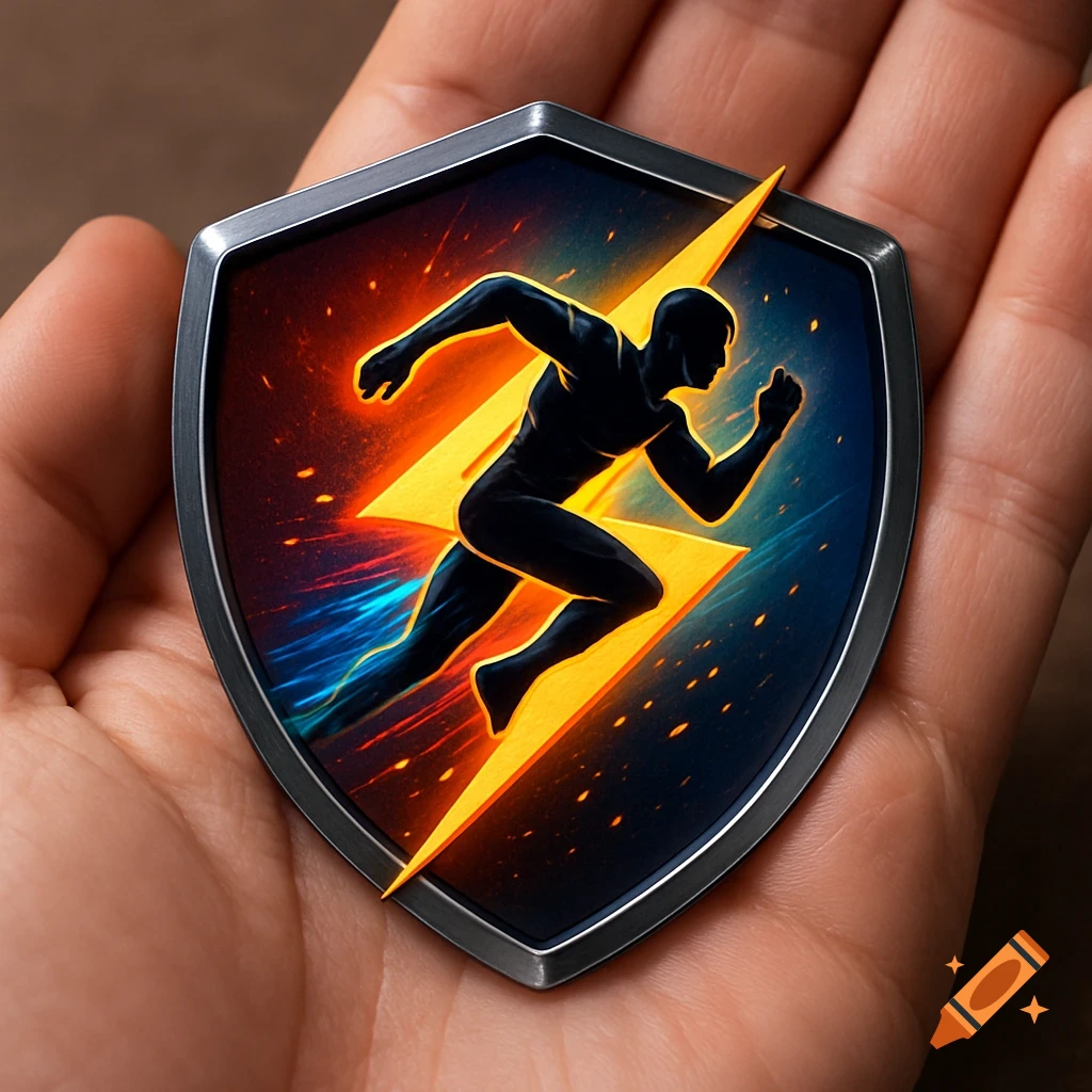 A hand holds a shield-shaped badge featuring a black silhouette of a runner against a yellow lightning bolt and a fiery red and electric blue background.