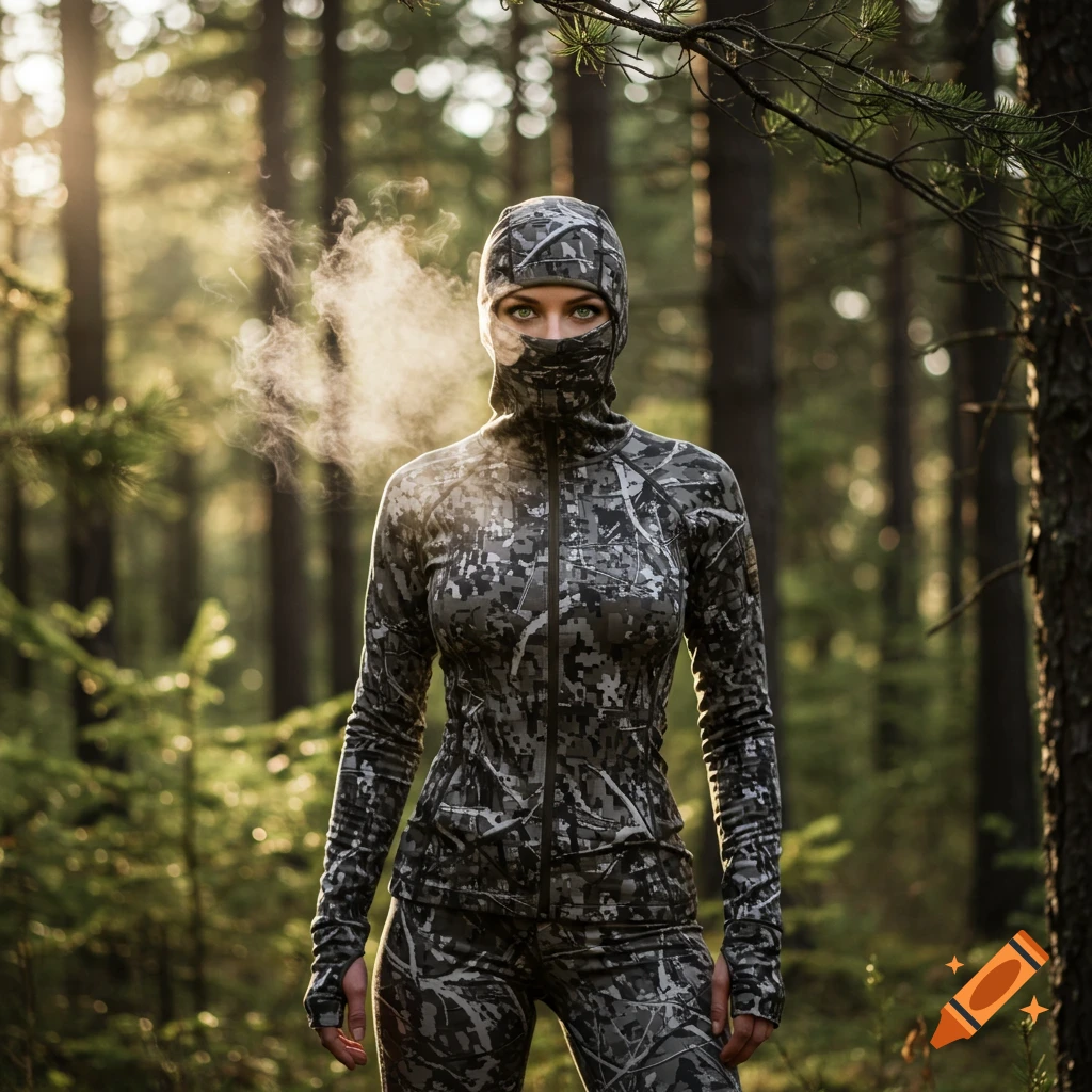 A female hunter in a camouflage balaclava and suit stands in a sunlit forest, breath visible in the air.