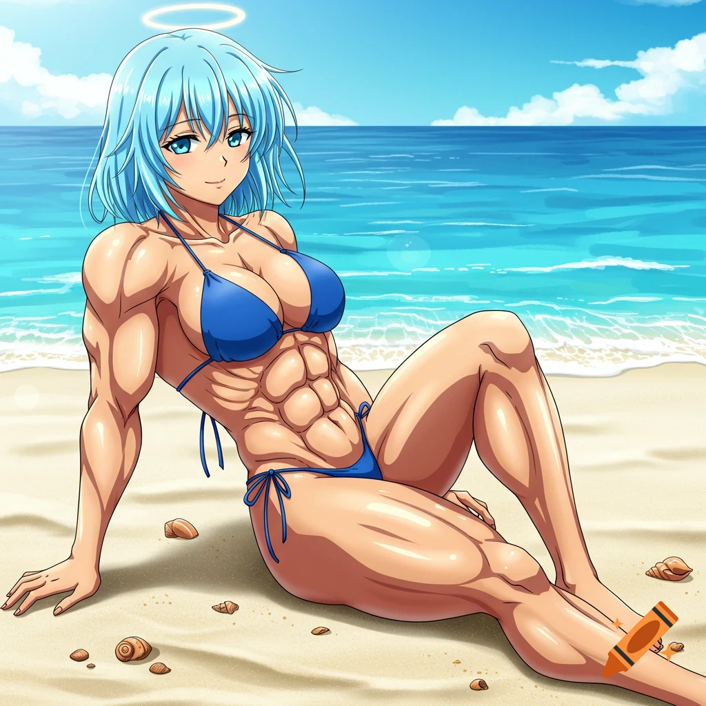 Anime-style muscular woman with light blue hair and an aura, wearing a blue bikini, lying on a sunny beach near the ocean.