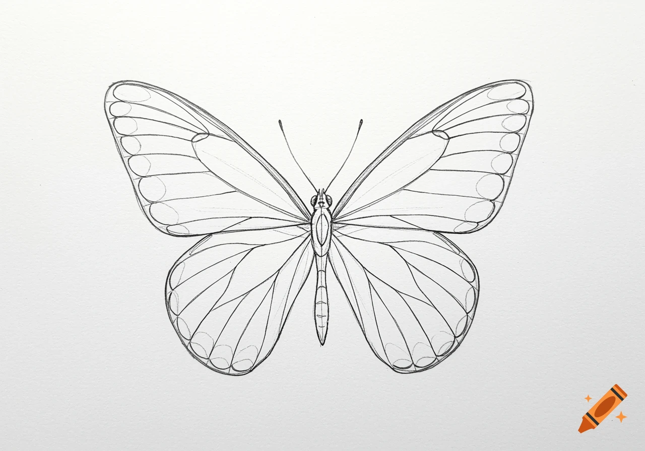 A black and white line drawing of a butterfly on a white background.