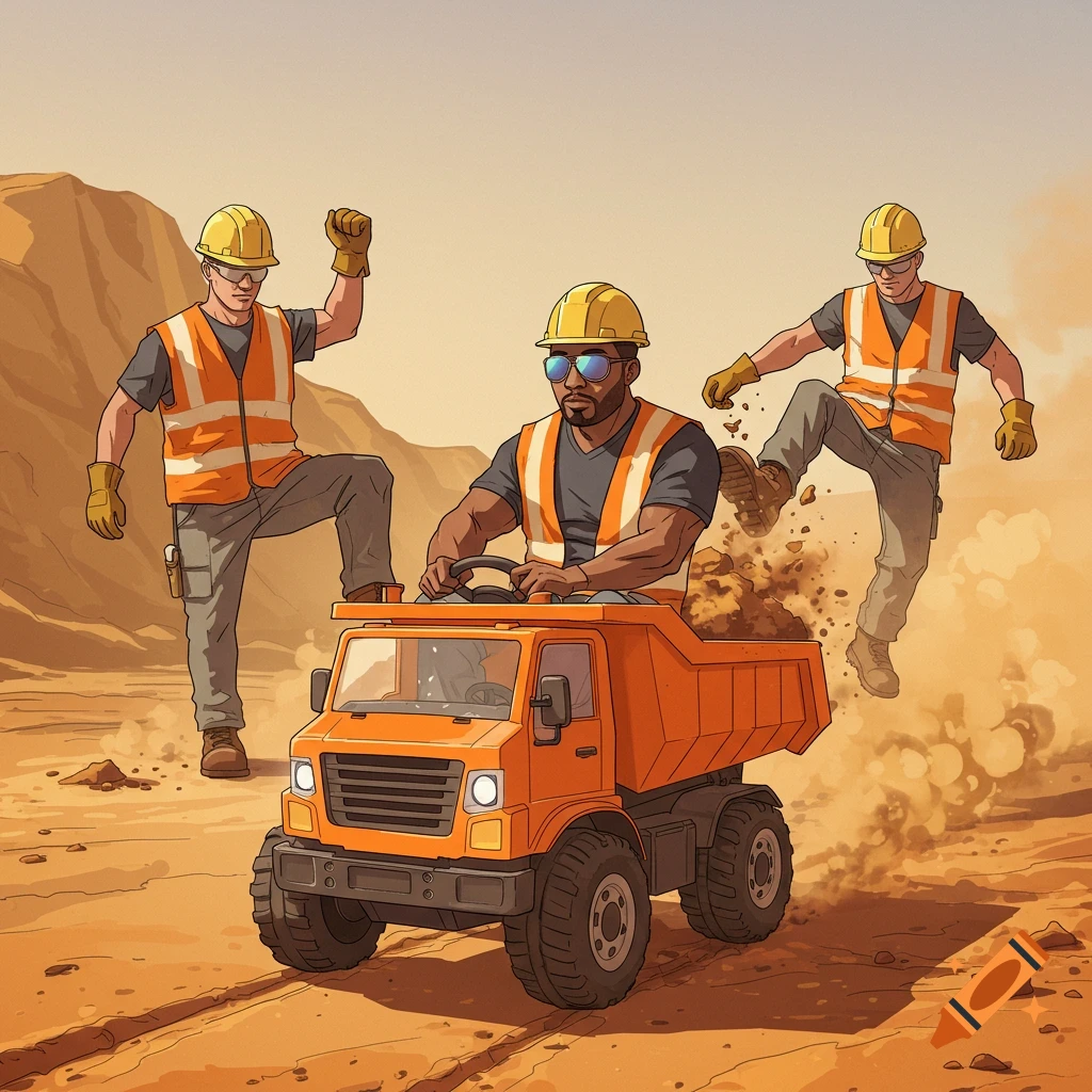 Colored drawing of construction workers in a desert, one drives a small dump truck, two others kick dirt from its bed.