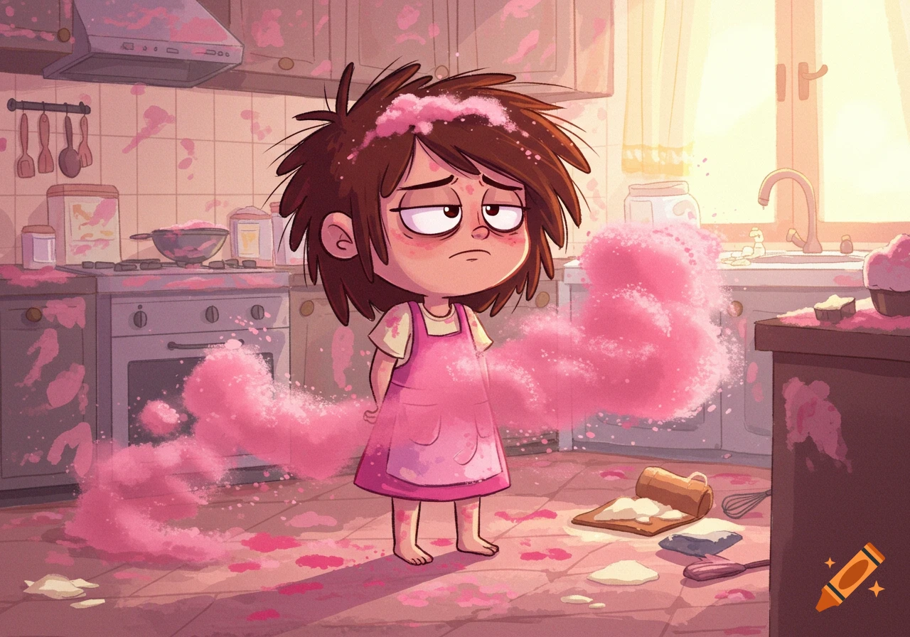 Cartoon girl with disheveled hair and pink dust all over her and the kitchen after a baking mishap.