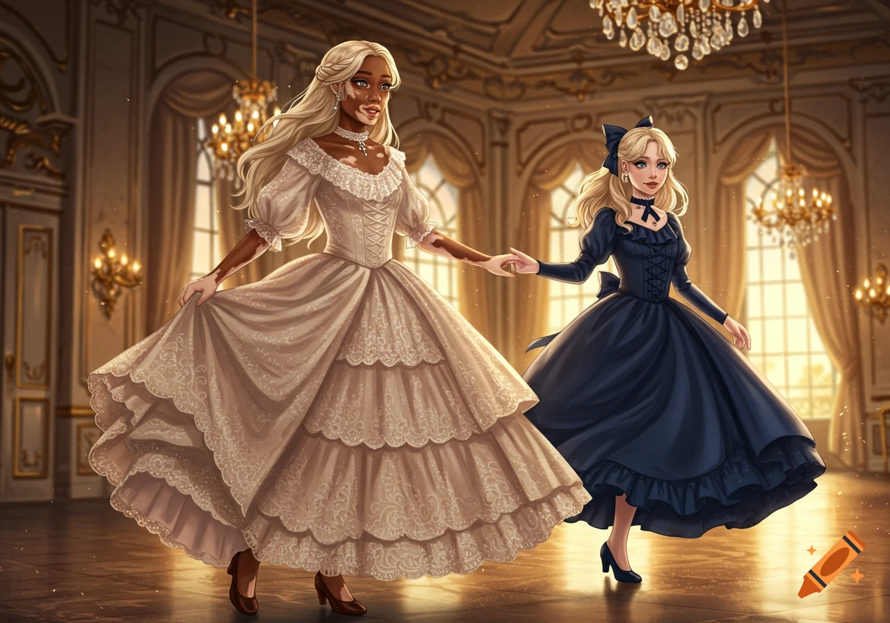 An illustration of two girls in elaborate Victorian dresses dancing in a grand ballroom.