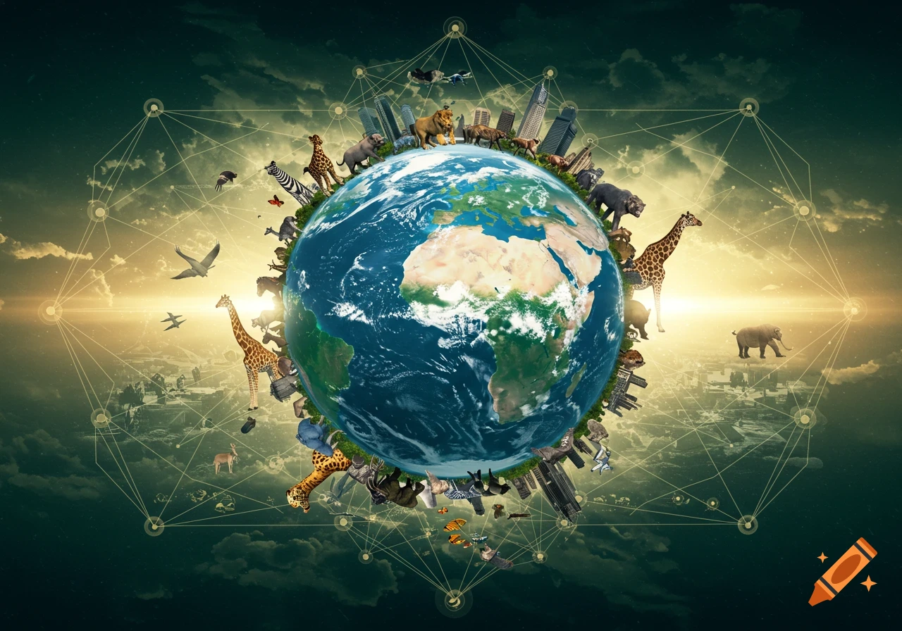 A vibrant collage of the Earth with diverse animals and city buildings, connected by glowing lines.
