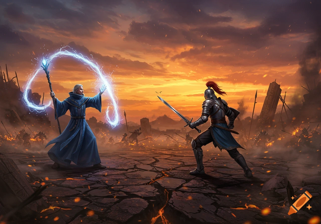 A wizard casting a spell faces a knight with a sword on a fiery battlefield at sunset, digital art.