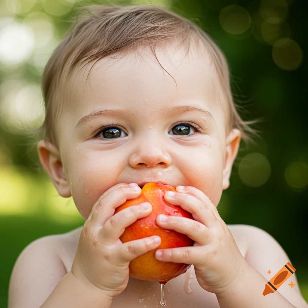 A photorealistic close-up of a smiling baby boy with wet hands and face, biting into a juicy peach, with juice dripping.