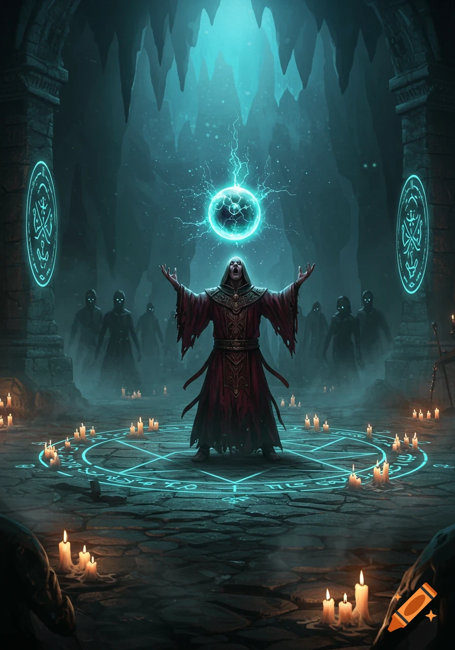 A robed cultist performs a dark ritual in a misty cavern, surrounded by shadowy figures, glowing symbols, and candles.