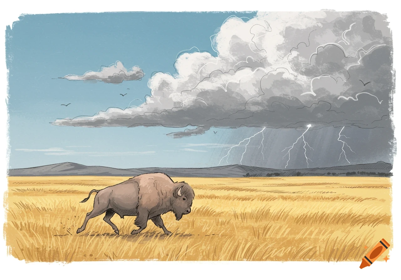 A beige buffalo runs through a golden field toward a dark storm cloud with lightning, in an illustration style.