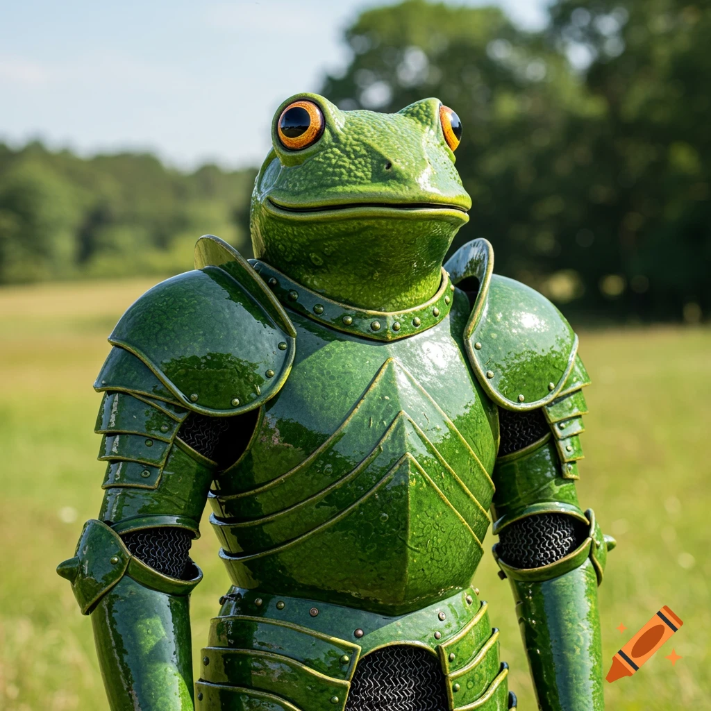 A frog wearing shiny green ceramic knight armor stands in a sunny grassy field.