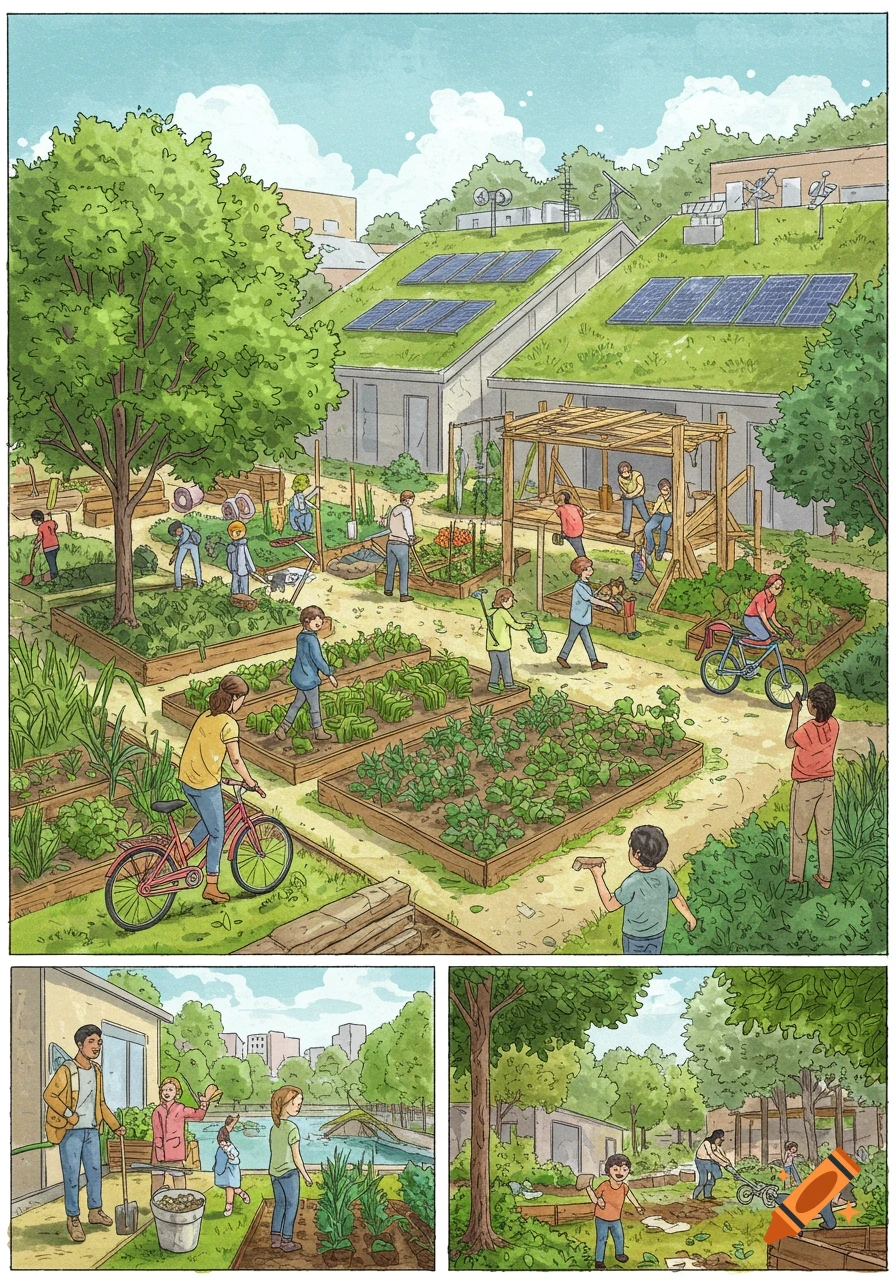Graphic novel style illustration of diverse people working in a vibrant urban community garden with green rooftops and solar panels.