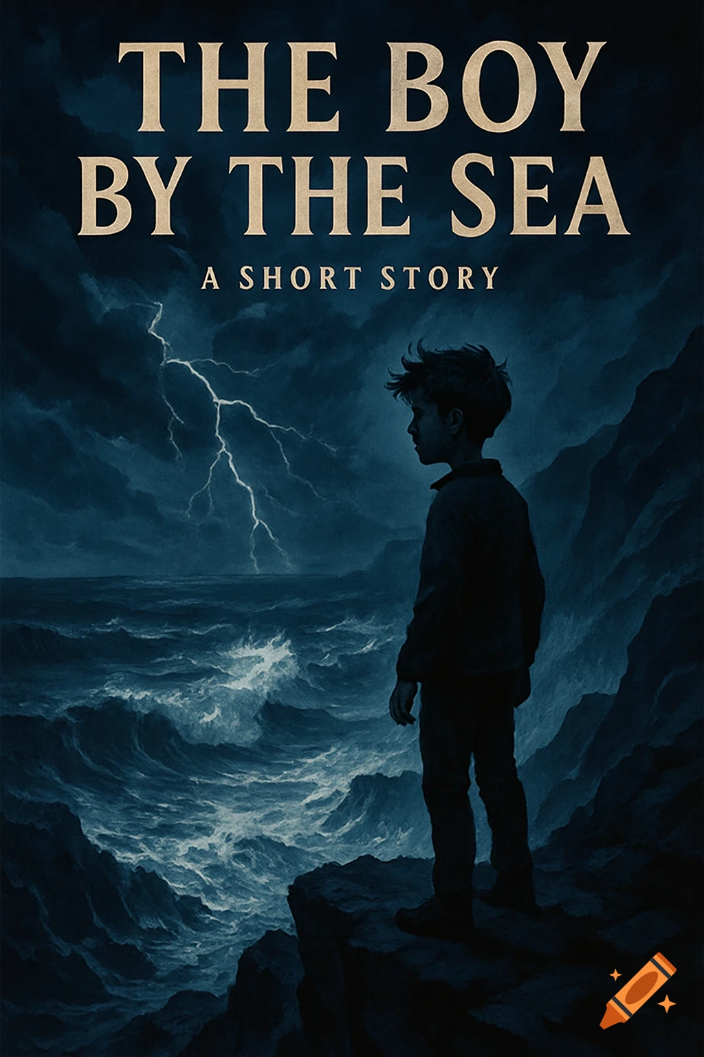A boy on a cliff watches a stormy, lightning-filled sea at night. Text reads 'THE BOY BY THE SEA A SHORT STORY'.