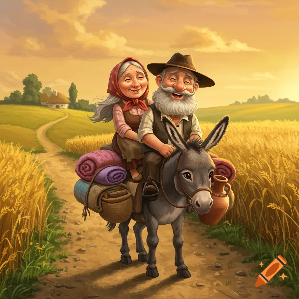 A happy elderly couple riding a donkey through a golden wheat field at sunset, with bundled belongings and a jug on the donkey's back, in a charming illustrative style.