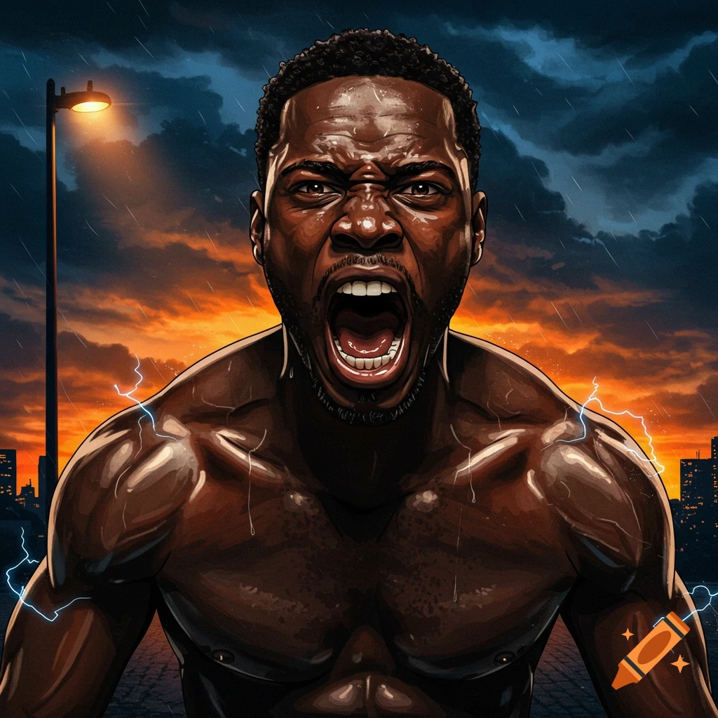 A muscular Black man yelling in the rain with lightning, under a stormy orange and blue sky, city lights in background, stylized art.