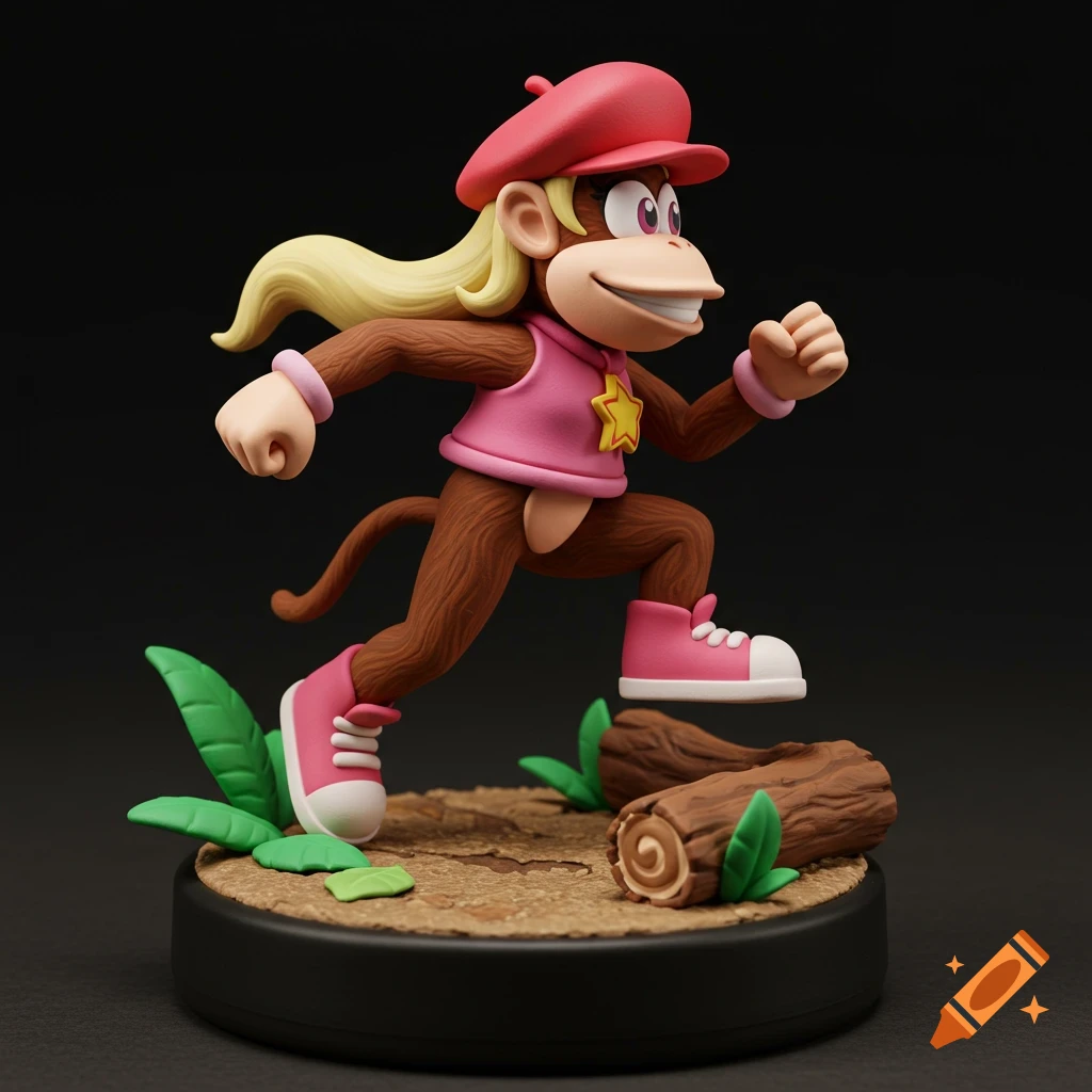 A detailed clay miniature of Dixie Kong, a blonde monkey character in a pink outfit, running on a textured base with logs and leaves.