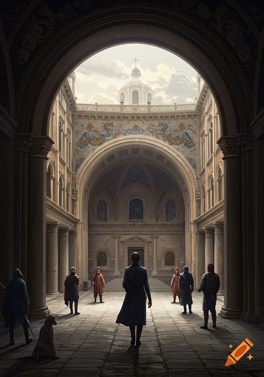 Figures stand in a grand stone archway of a large, ornate building with a domed roof under a cloudy sky.