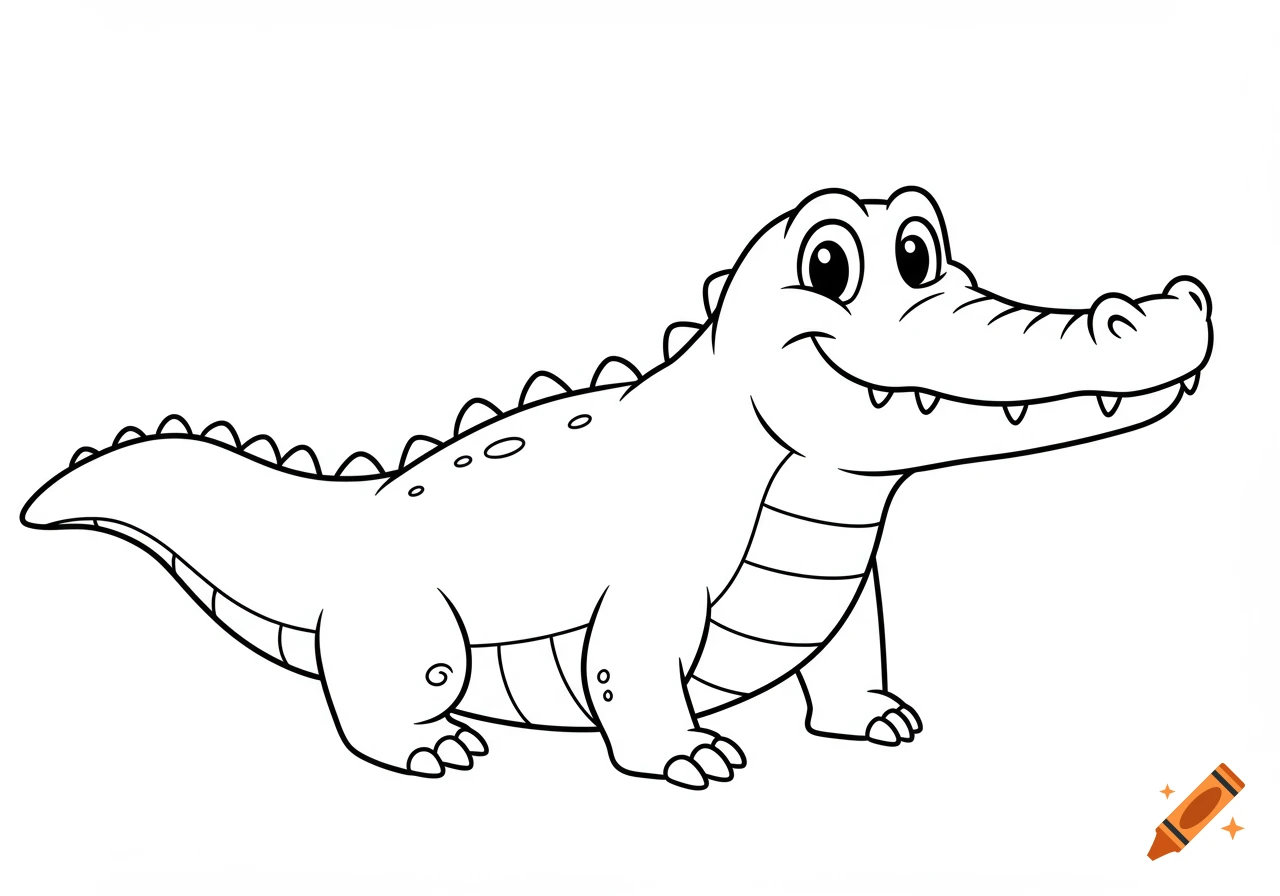 A black and white cartoon line drawing of a friendly alligator.