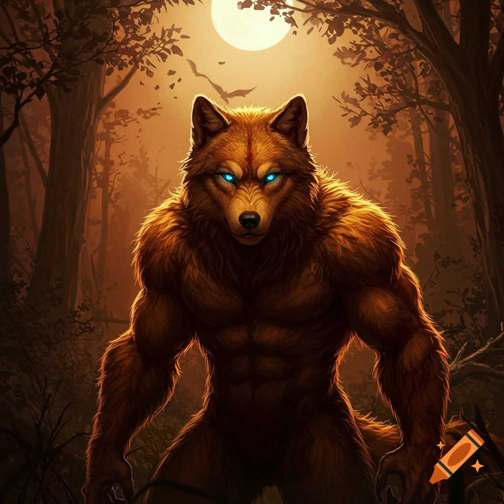 A muscular werewolf with bright blue eyes and golden-brown fur stands in a dark forest under a large full moon.