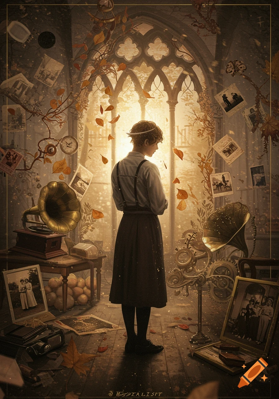 A person stands in a gothic room, looking out a bright window as autumn leaves and vintage photographs float around antique gramophones.