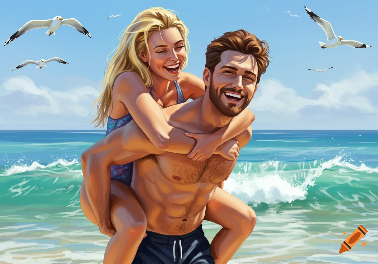 Illustrated man giving a woman a piggyback ride on a sunny beach, both laughing with seagulls flying.