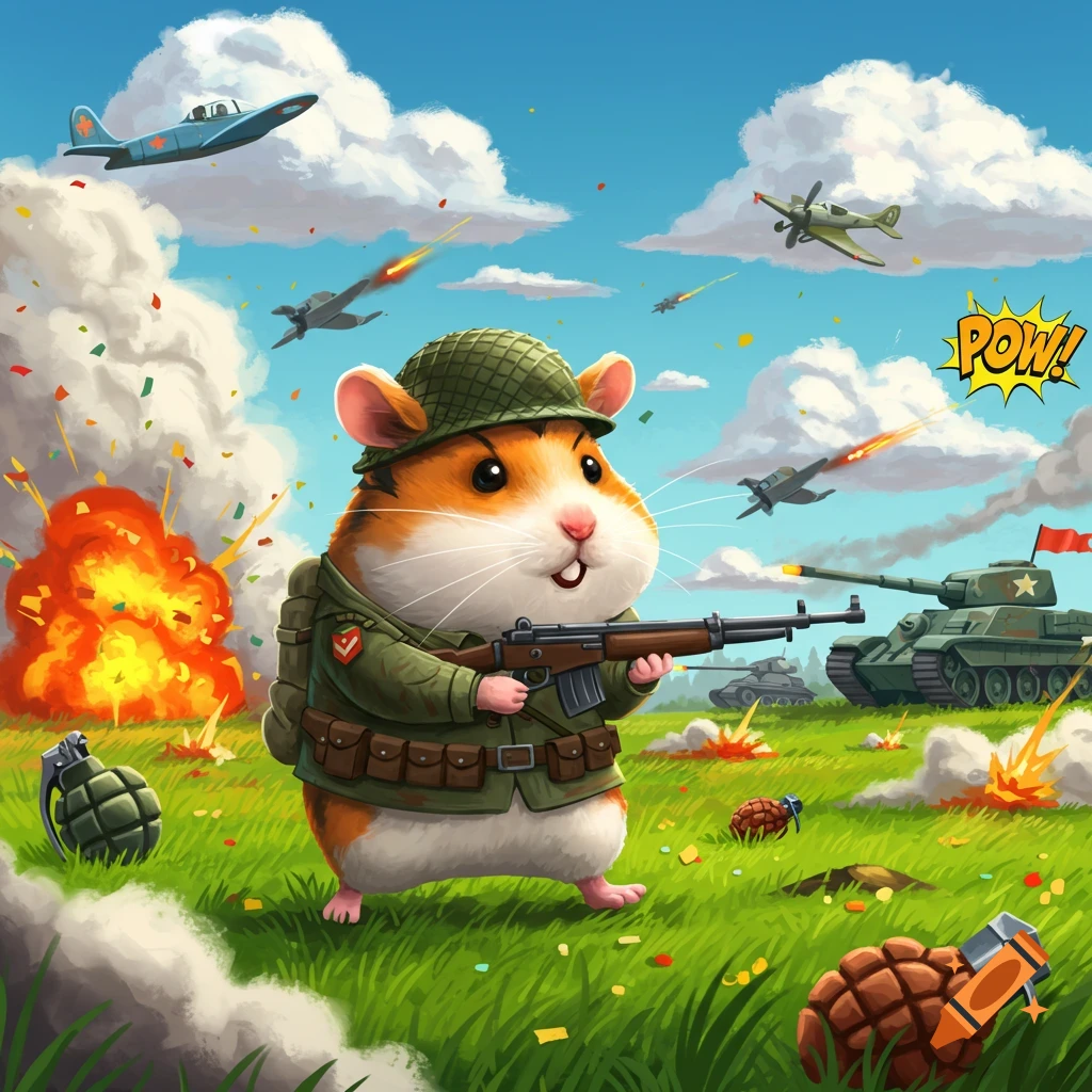 A cute hamster soldier in a helmet and uniform holds a rifle on a grassy battlefield with explosions, tanks, and planes, in a cartoon style.