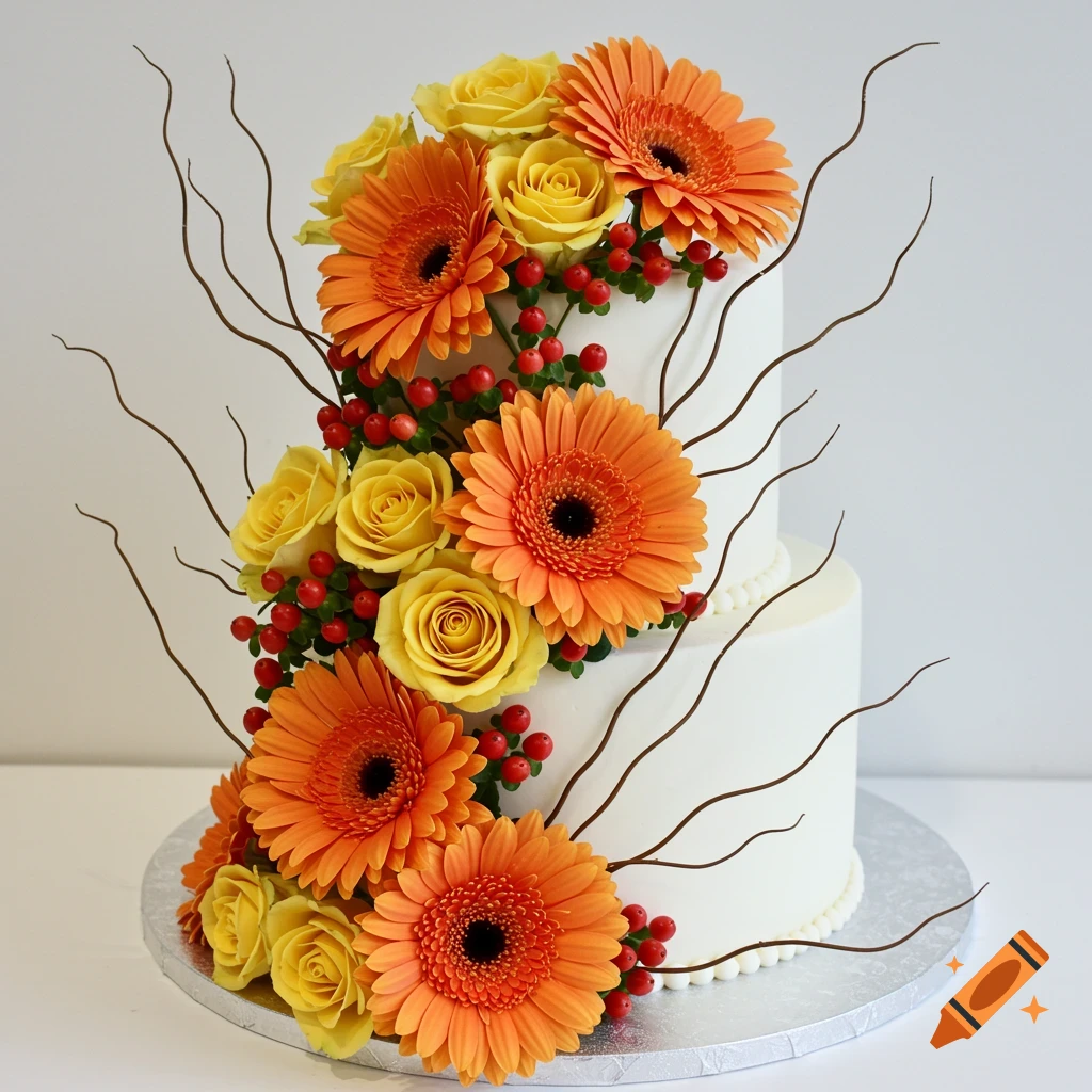 A two-tier white fondant cake decorated with cascading orange gerbera daisies, yellow roses, red hypericum berries, and delicate brown branches.