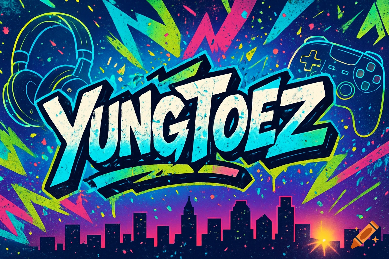Vibrant graffiti-style graphic art with 'YUNGTOEZ' text, headphones, game controller, and a city skyline.