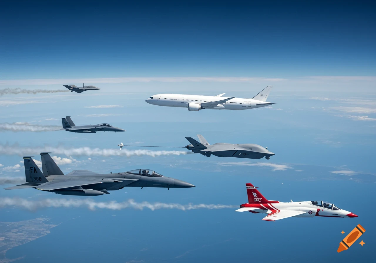 An F-15 fighter jet, a 777-9 passenger plane, an MQ-25 drone, an F-18, and a T-7 Red Hawk jet flying in formation against a clear blue sky.