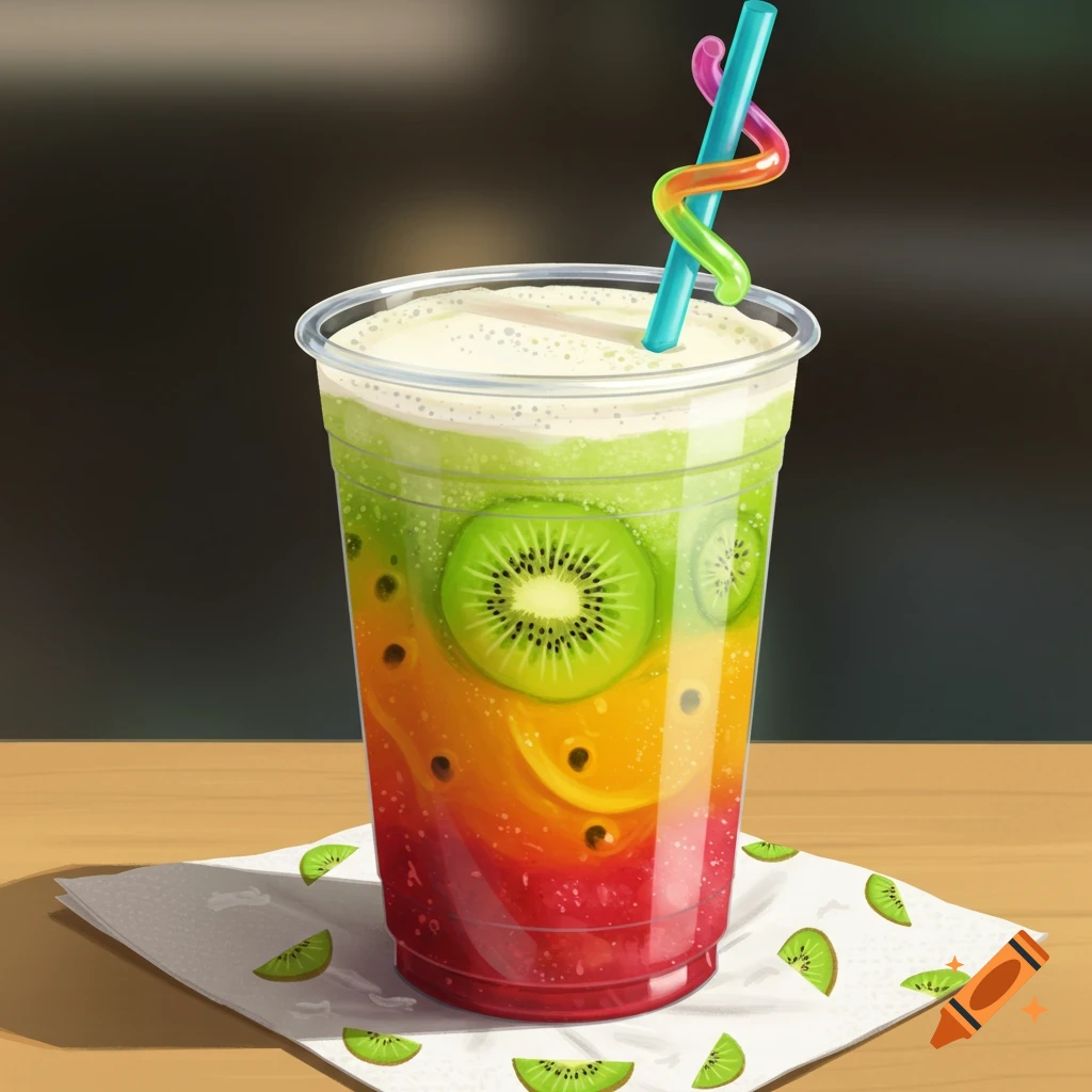 An illustration of a vibrant, multi-layered fruit juice with kiwi slices in a plastic cup, on a wooden table with a napkin.