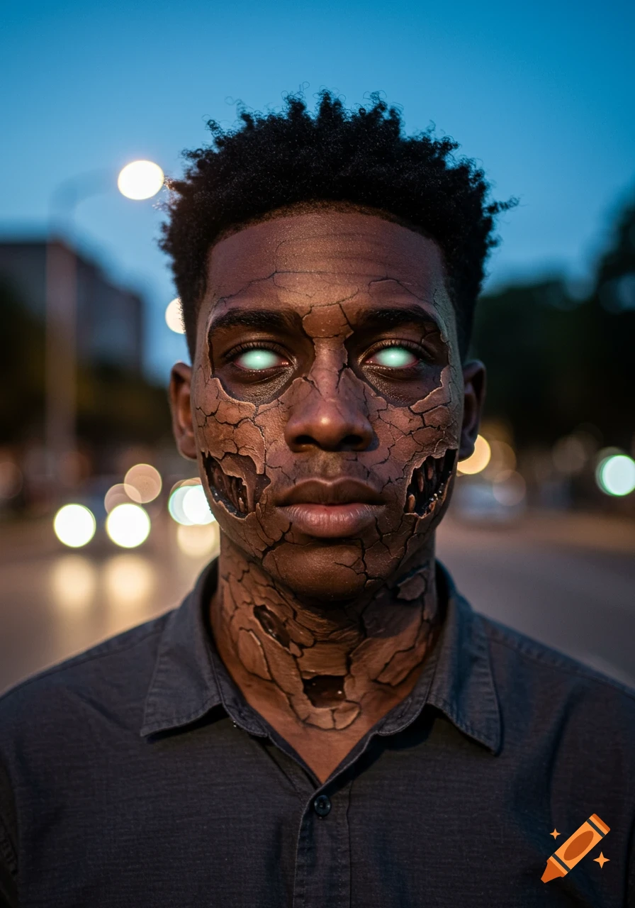 Photorealistic portrait of a young man with glowing eyes and cracked, zombie-like skin standing in an urban setting at dusk.