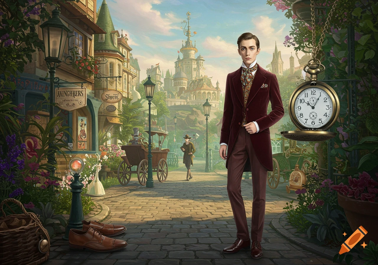 A dandy in a red coat stands on a cobblestone street in a vibrant steampunk city with fantastical architecture and a large pocket watch.