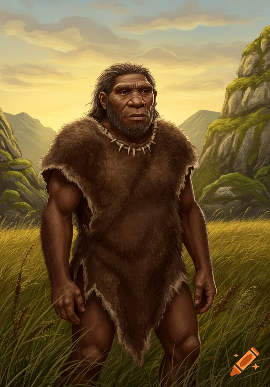 An illustration of a Neanderthal man wearing a fur tunic and bone necklace, standing in a golden grassy field with mountains under a cloudy sky.