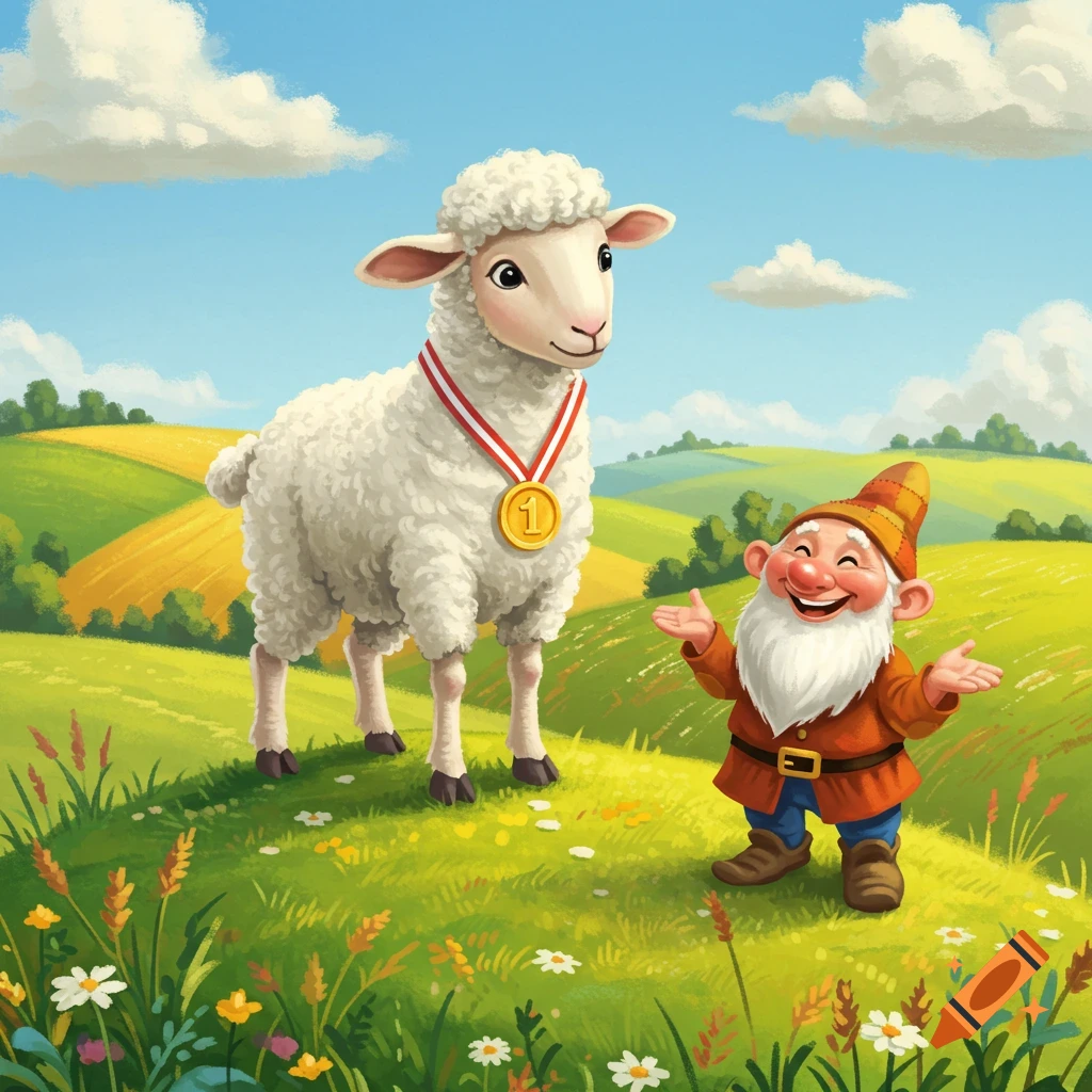 A cartoon lamb wearing a gold medal stands next to a happy gnome in a sunny, green field.