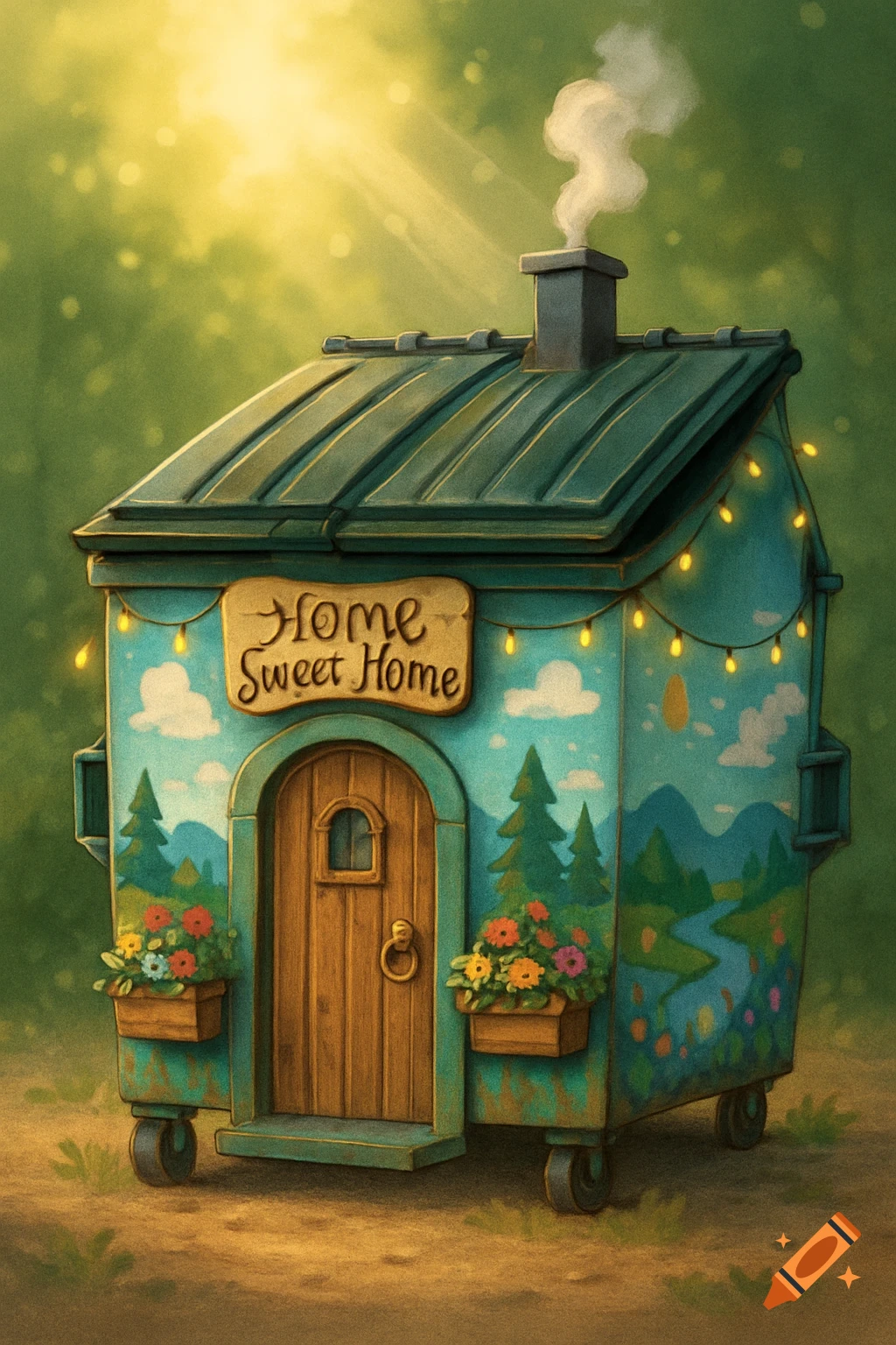 A whimsical blue dumpster transformed into a cozy house with a wooden door, flower boxes, string lights, a smoking chimney, and a sign saying 'Home Sweet Home,' set in a sunny, green environment.