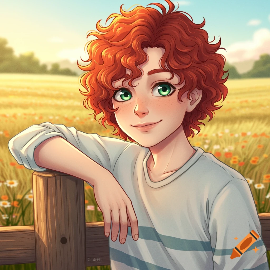 An anime-style portrait of a smiling red-haired boy with green eyes, leaning on a wooden fence in a sunny field.