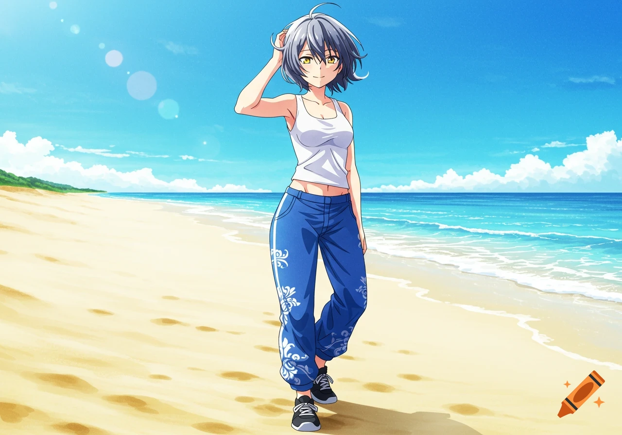 An anime character with short gray hair and yellow eyes, wearing a white tank top and blue patterned pants, stands on a sunny beach.