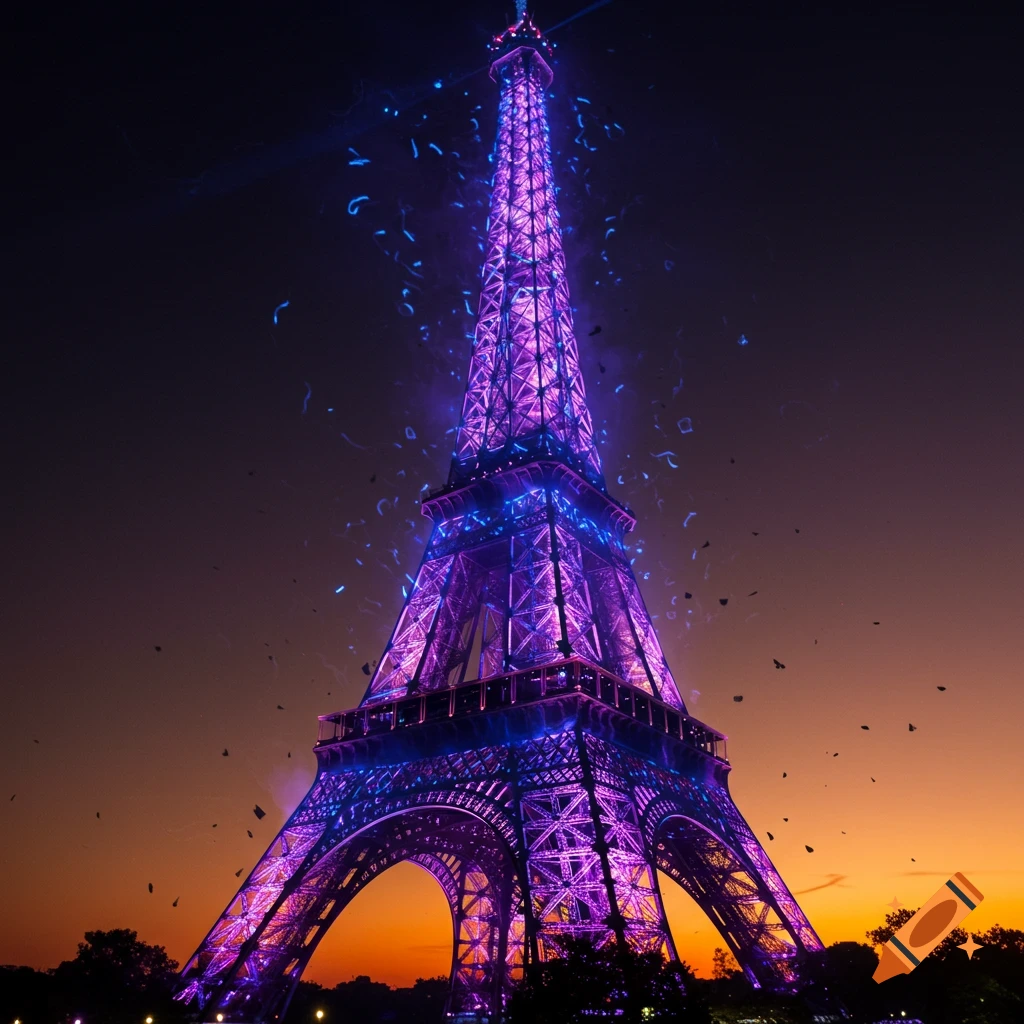 The Eiffel Tower glows vibrantly in purple and blue against a sunset sky, with luminous particles swirling around it.