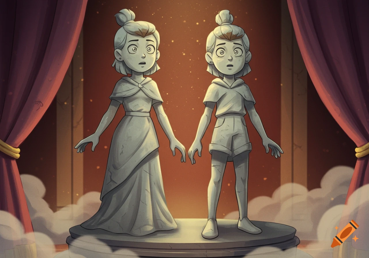 Two cartoon-style stone statues of young women with surprised expressions stand on a stage with red curtains.