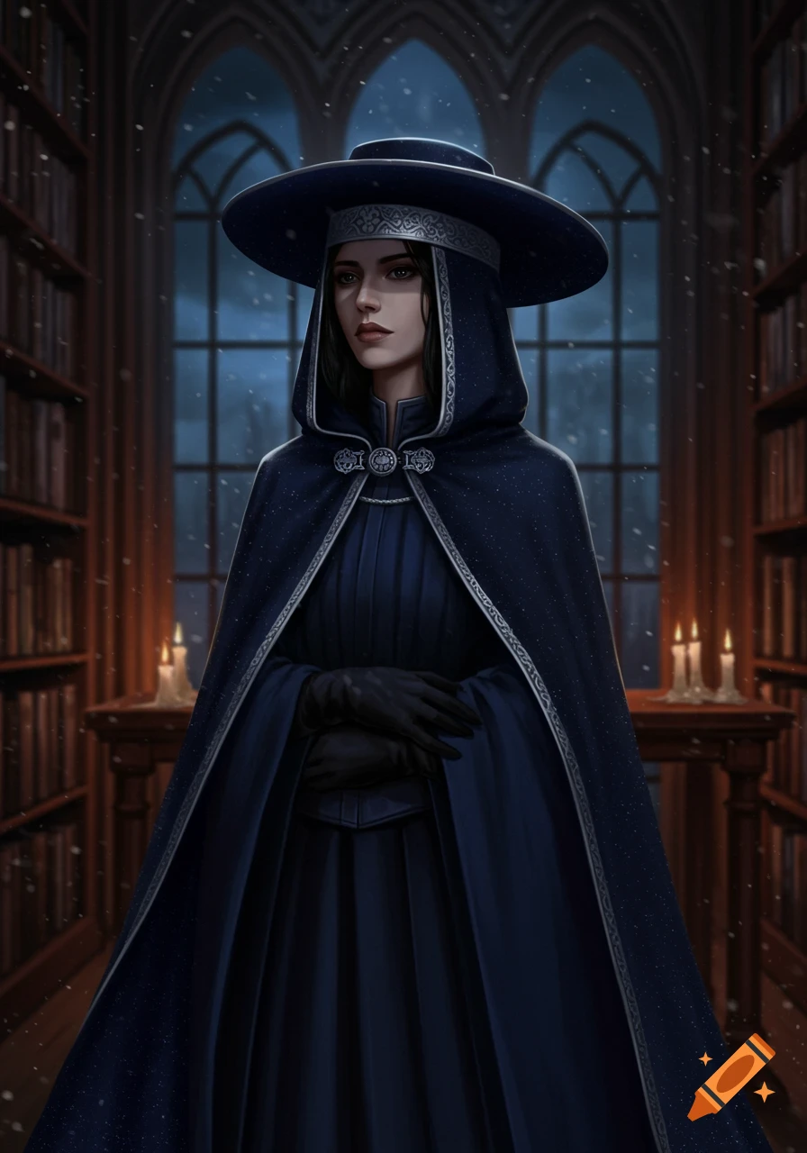 A woman in a dark blue hooded cloak and wide-brimmed hat stands in a library with snow falling outside.